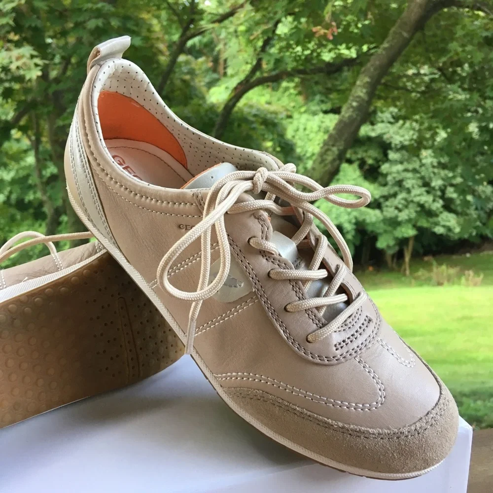Geox Beige Respira Leather Lave Comfortable Sneakers
